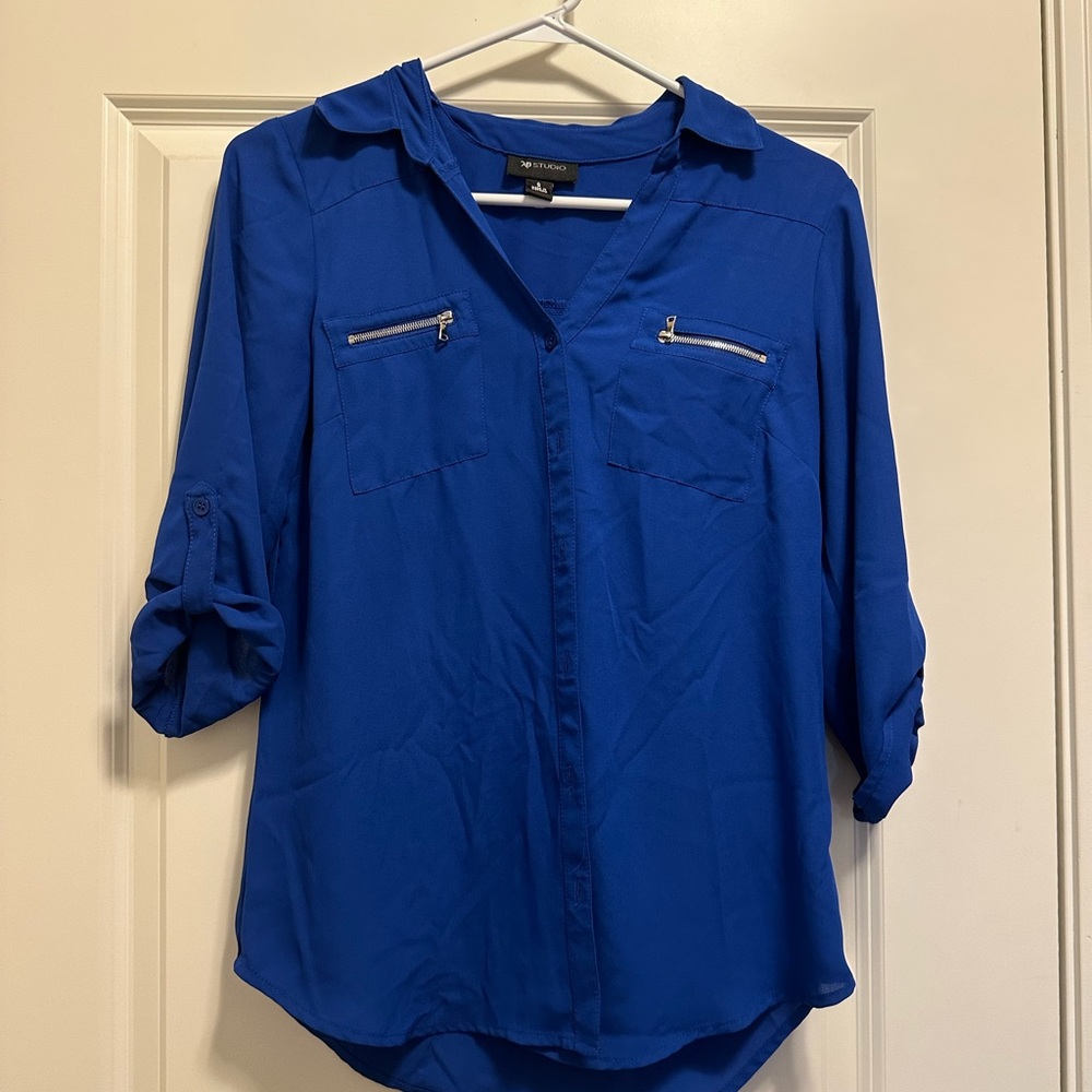 AB Studio Blue Buttoned Notched Collar Blouse